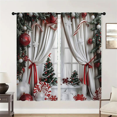 2Pcs Christmas Curtains Festive Holiday Window Treatment - Candy Cane Snowflake Pattern, Rod Pocket Light Filtering Panels for Living Room Bedroom Office Microfiber Polyester Xmas Tree Ornament Decor