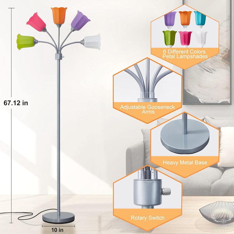 Multi Head Modern Tall Lamp with Adjustable Gooseneck Standing Lamps Led Tall,LampBulb Not Included, Silver