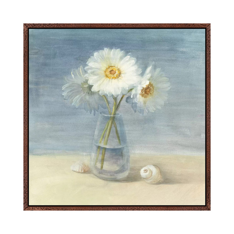 Daisies and Shells by Danhui Nai - Graphic Art Print on Canvas, Classic Brown Wood Framed, 93.98 cm H x 93.98 cm W