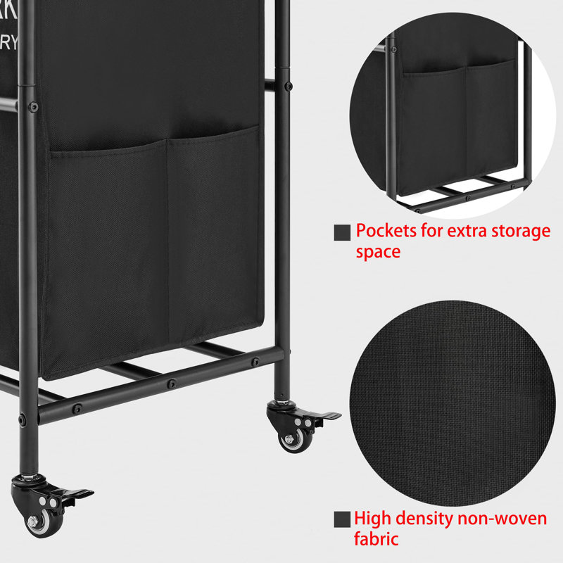 Black Metal Laundry Cart with Hanging Rack and Wheels