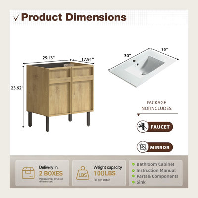 Meuble-lavabo 30 po avec lavabo en céramique, panneau rainuré 3D et rangement à fermeture en douceur