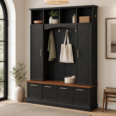 77" Farmhouse Hall Tree with Bench, 8 Gold-Tone Hooks, Adjustable Shelves & Flip-Down Shoe Storage, 4-in-1 Entryway Organizer