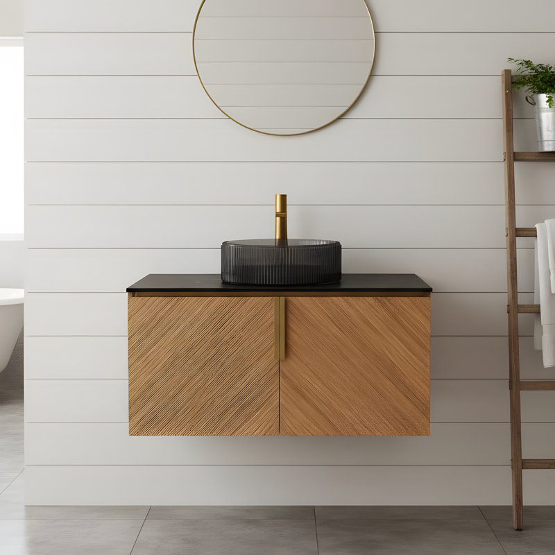 Meuble-lavabo de salle de bain avec lavabo, avec lavabo rond en verre noir transparent