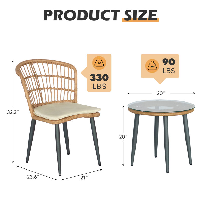 3 Piece Patio Rattan Seating Group With Cushions, Cream