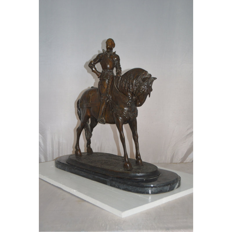 Bronze Man on Horse Statue with Marble Base
