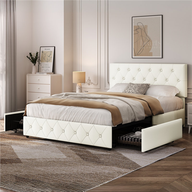 Upholstered Bed Frame with Drawer Storage, Double (4'6), Cream