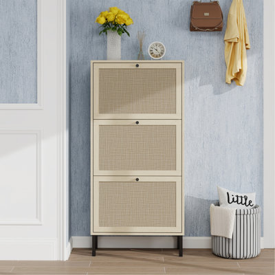 Rattan 3 Door Shoe Rack, Freestanding Modern Shoe Storage Cabinet, For Entryway