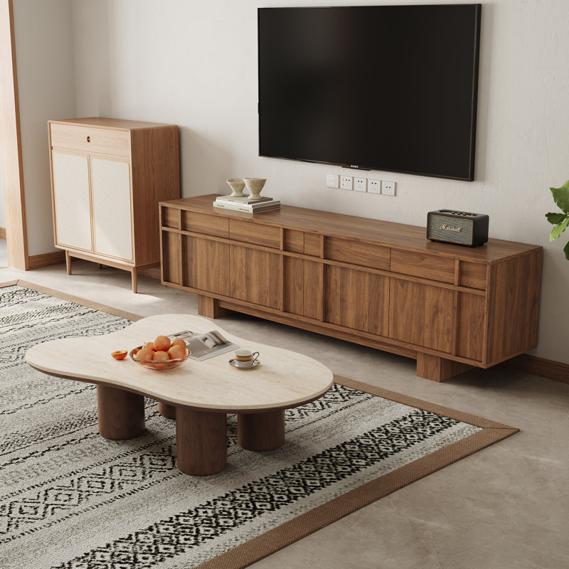 Ensemble de salon minimaliste en bois, meuble télé avec rangement et table basse en travertin en forme de nuage, ensemble de divertissement