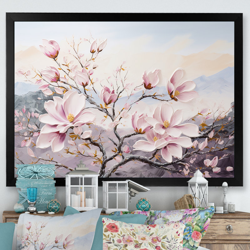 Fleurs de magnolia roses II sur toile, H 30 po x l 40 po x P 1,5 po, Cadre simple noir