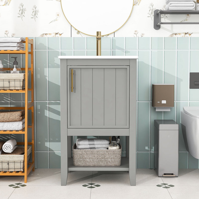 Meuble-lavabo en bois avec lavabo, support de rangement et tablette ouverte, Gris