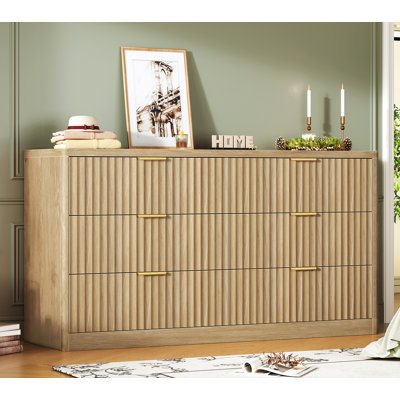 Commode 6 tiroirs cannelée 56,3 po pour chambre à coucher, commode moderne à 6 tiroirs, organisateur de placard en bois pour chambre à coucher, couloir, naturel
