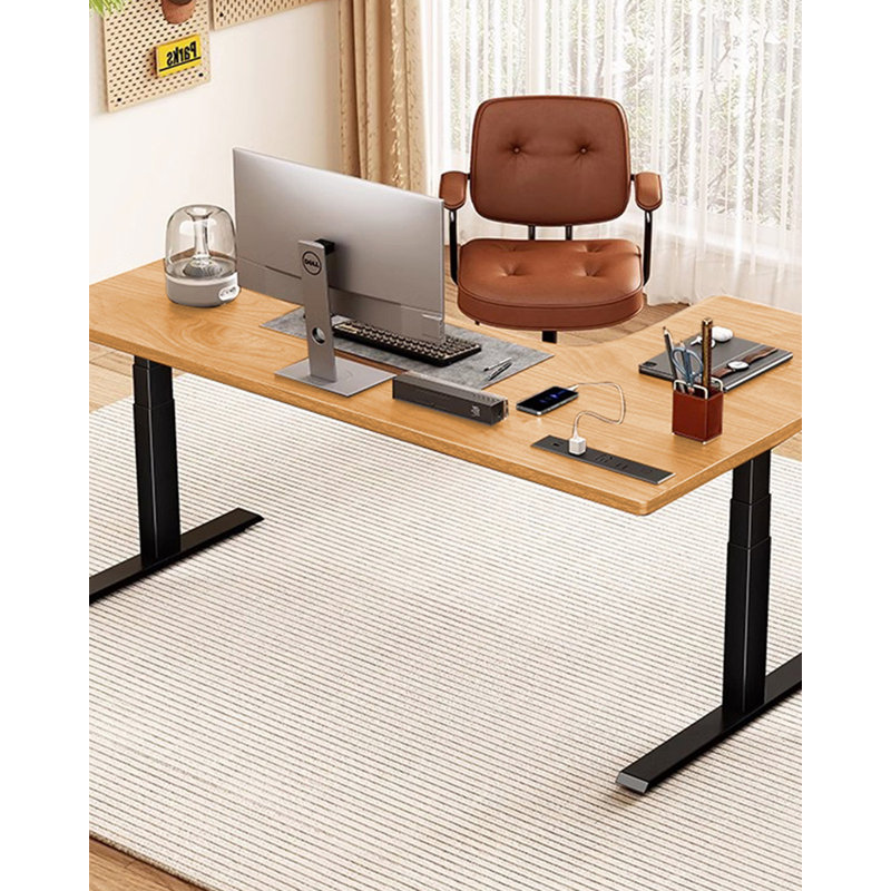 L-Shaped Solid Wood Electric Height-Adjustable Desk with Metal Base, 24.41" H x 70.87" W x 43.31" D
