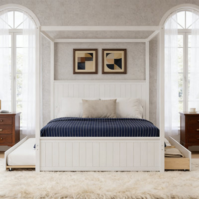 Modern Queen Size Canopy Platform Bed With Trundle, Three Storage Drawers, And 4-Post Solid Wood Frame