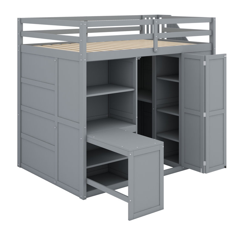 Lit mezzanine avec garde-robe, bureau et tablettes, Gris