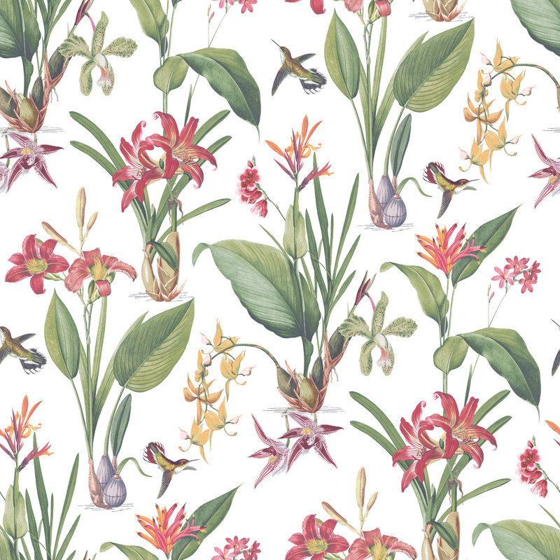 Secret Garden Botanical Floral Design 33' L x 21" W Wallpaper Roll, White/Bright