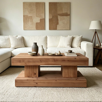 Table basse en bois massif naturel avec plateau épais et double piètement - Design rustique minimaliste