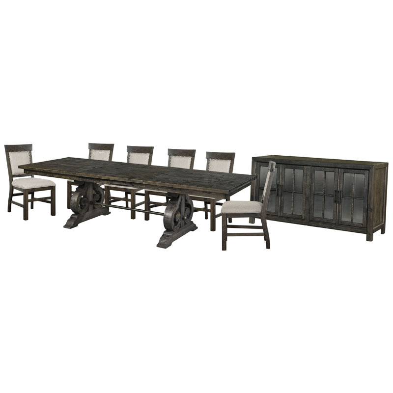 Extendable Rectangular Dining Table With 6 Upholstered Side Chairs And Buffet, 8 Pieces: Table, Buffet, 6 Chairs