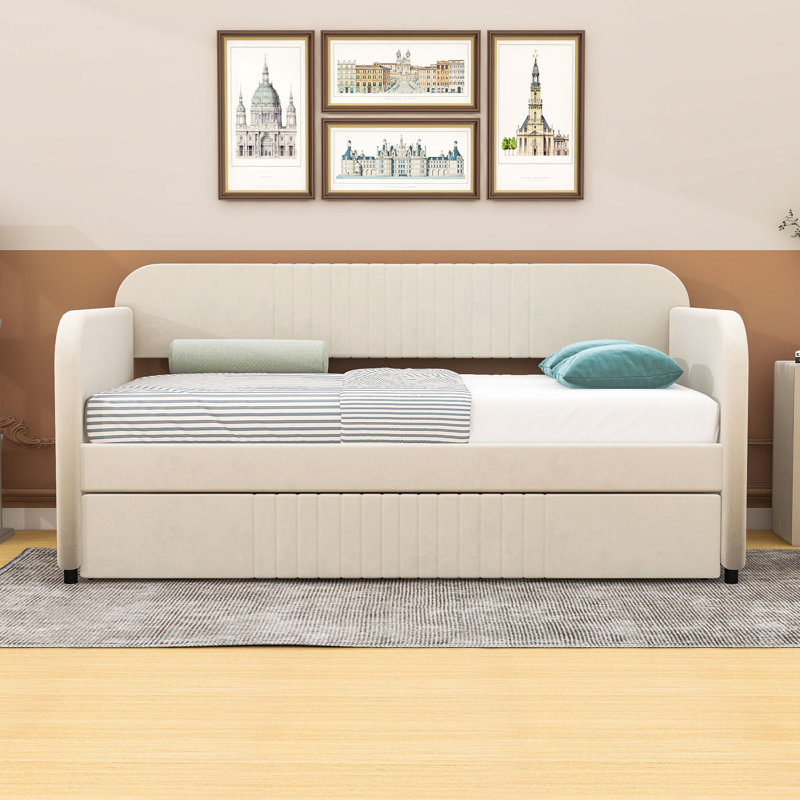 Twin Size Upholstered Daybed With Twin Size Trundle, Beige