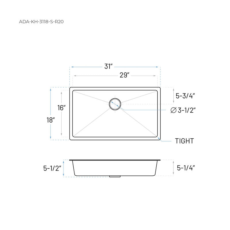 31'' L Undermount Single Bowl Stainless Steel Kitchen Sink