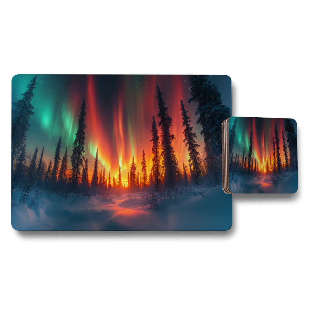 Aurora Borealis in Snowy Forest Placemat and Coaster Set