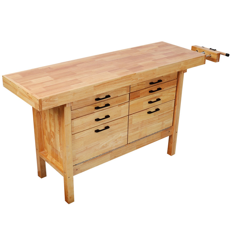 Solid Rubber Wood Workbench with 8 Drawers & Integrated Wood Vise