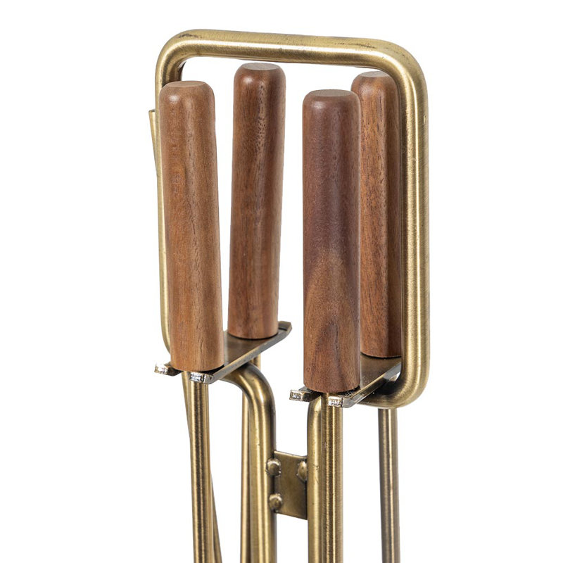 Aged Brass and Walnut Wood 5-Piece Fireplace Tool Set