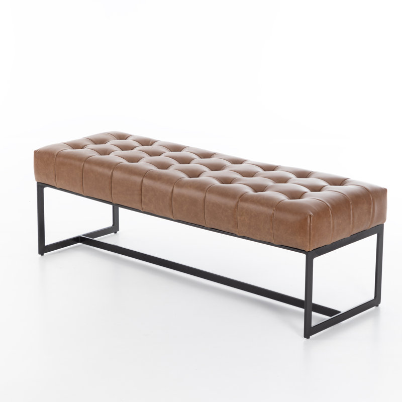130cm Wide Genuine Leather Bench Tufted Iron Frame , Cognac