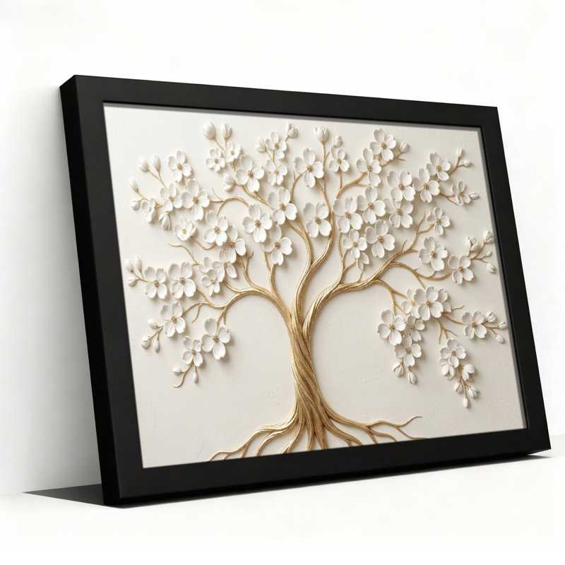 Toile noire encadrée en bois noir pour le salon, la chambre à coucher, le bureau ou le vestibule - décoration murale décorative avec arbre en fleurs