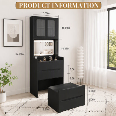 Coiffeuse 3-en-1 avec miroir à DEL et tabouret de rangement, coiffeuse à maquillage avec lumières réglables, organisateur de maquillage à 5 espaces de rangement