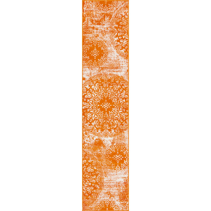 Tapis floral Brandt, Tapis de couloir 3 pi 3 po x 19 pi 8 po, Orange / ivoire
