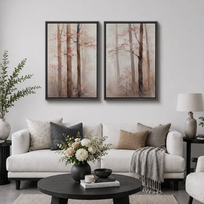 Blush Woodland Landscape Artwork, Living Room Pictures, Framed Canvas Giclee Print 2 Pieces Wall Art