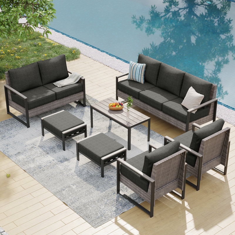 7 Piece Patio Conversation Sofa Set, Black Gray