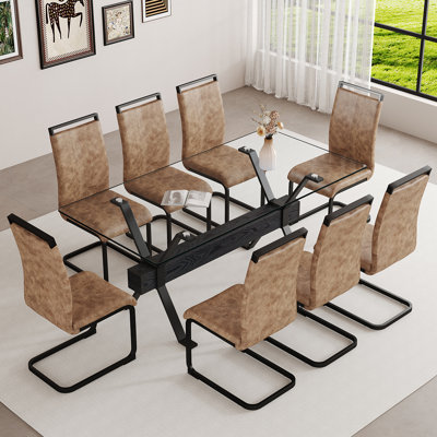 Ensemble de table de salle à manger 9 pièces, table de salle à manger en verre trempé et chaises pour la cuisine ou la salle à manger