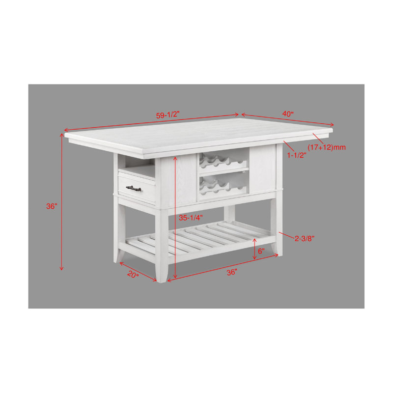 Table haute de bar avec tiroirs de rangement, casier à vin et étagère ouverte, fini blanc, meuble de salle à manger en bois.