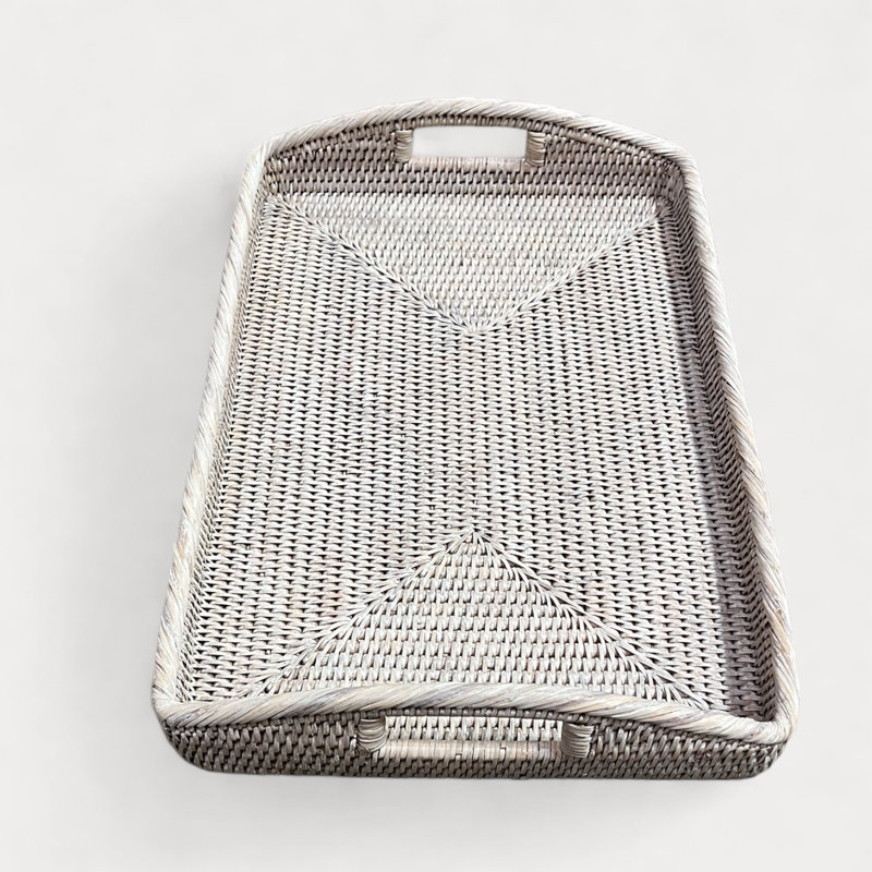 Burma Rattan Decorative Tray, 3.5" H x 20.5" W x 13.5" D, White Wash