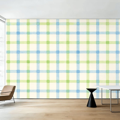 Peel and Stick Wallpaper Pastel Blue Green Plaid Cream Wall Murals 100"H x 144"W Removable PVC Wall Paper Self-Adhesive Wall Decor for Bedroom Living Room Home Office