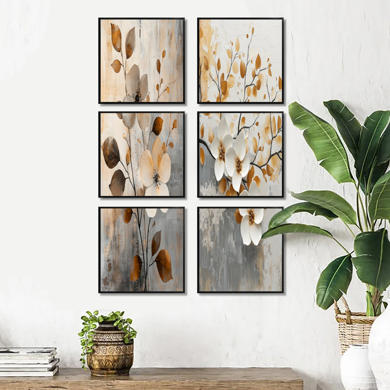 Fleurs de cerisier orange gris botanique - ensemble de 6 reproductions d'art sur toile Cherry Blossom, Noir