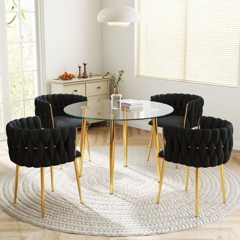 Ensemble de salle à manger rond en verre trempé avec chaise tissée, 5, Noir et or, Doré