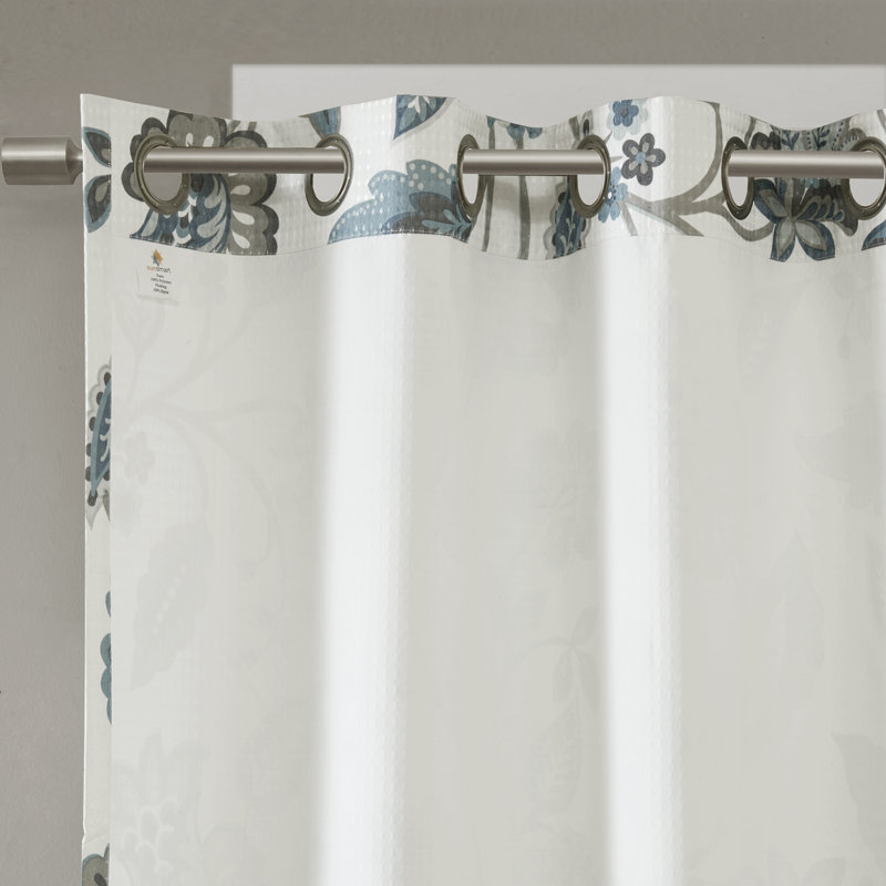 Aqua Floral Jacquard Room Darkening Grommet Curtains