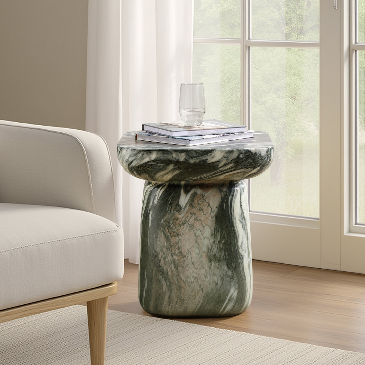 Alduara 19.75" Tall Modern Concrete Top End Table, Green