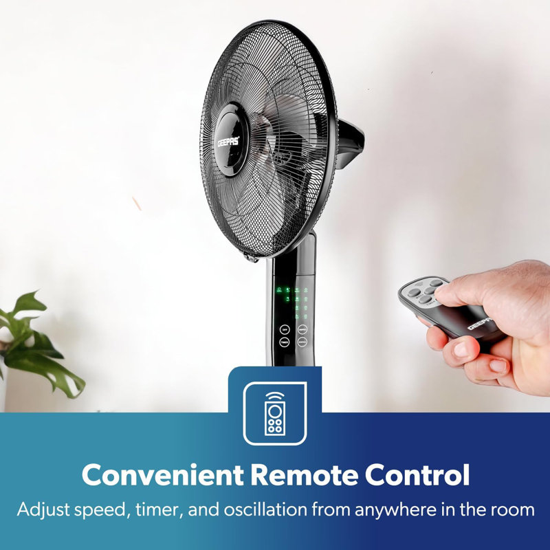 GEEPAS 16’’ Pedestal Fan with Remote Control – 60W Powerful Free-Standing Oscillating Cooling Fan – Height Adjustable, 7.5 Hour Timer - 3-Speed, 5-Blade Air Cooling Floor Fan Home Office