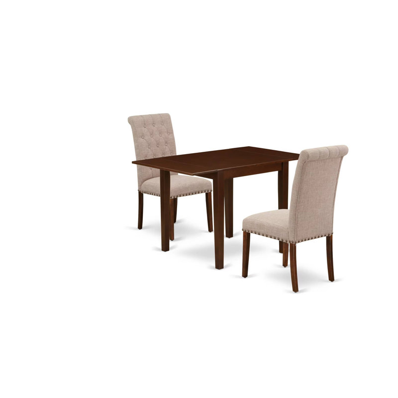 3 Piece Dining Room Furniture Set Contains a Rectangle Dining Table with Dropleaf and 2 Light Tan Linen Fabric Upholstered Chairs, Mahogany