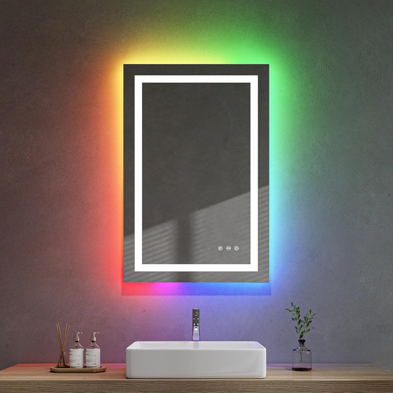 Miroir à DEL pour salle de bain, miroir avec 8 rétro-éclairé RVB et 3 avant éclairés (réglables individuellement), miroir de salle de bain mural anti-buée avec fonction de mémoire