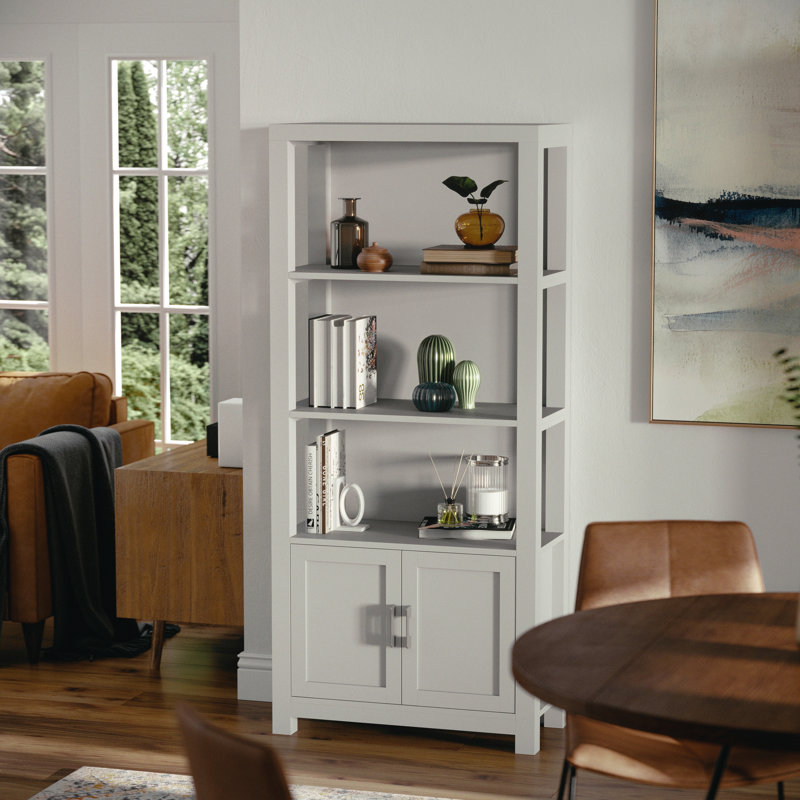 Martha Stewart Hutton 4 Tier Shaker Style Bookcase with Cabinet, Gray/Brushed Nickel