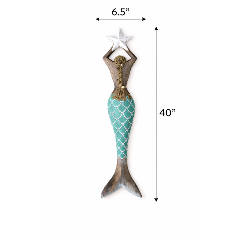 Sculpture murale en bois de sirène en bois avec étoile - décoration murale nautique côtière, très grande taille 40 po, Bleu