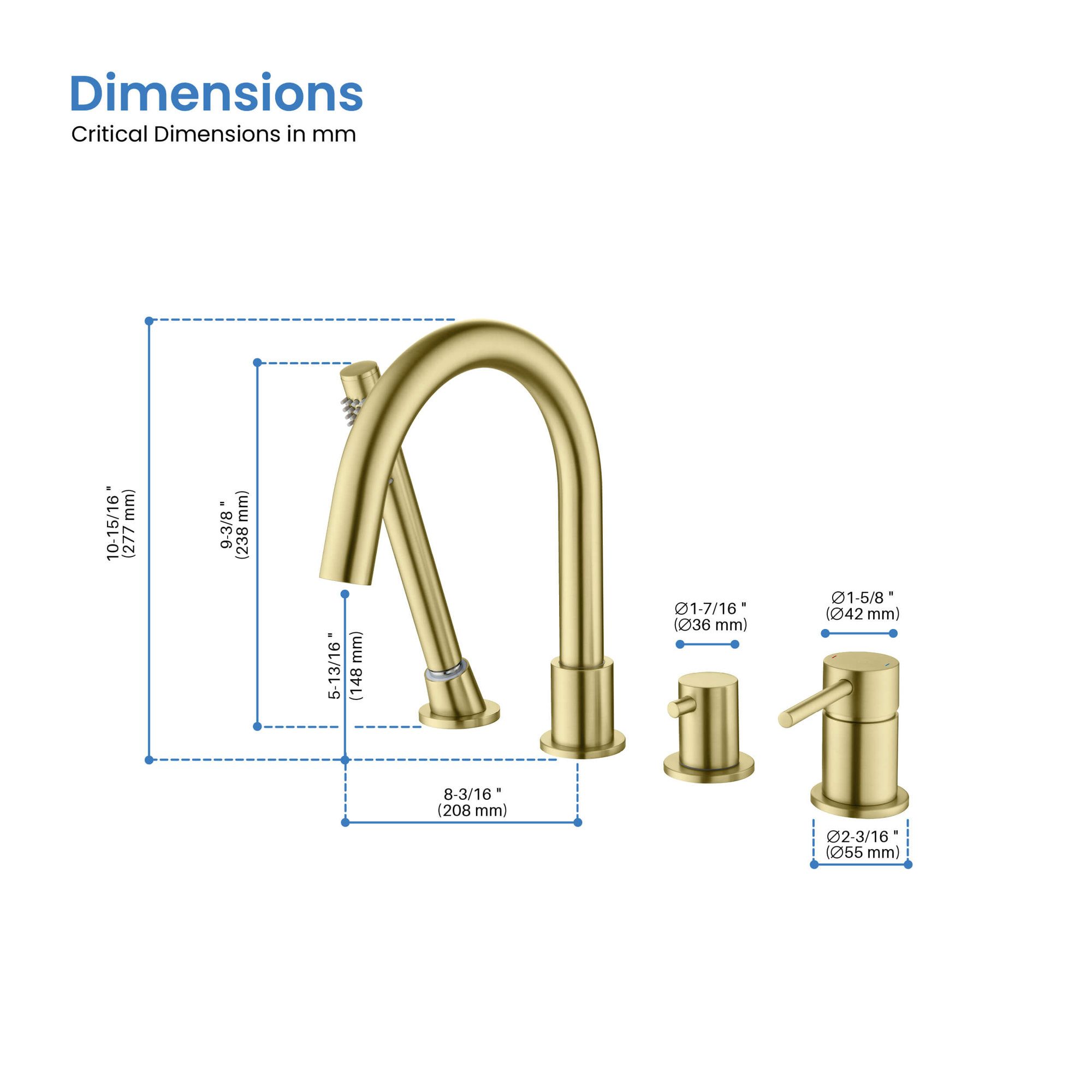 Circular Deck Tub Filler with Diverter, Brushed Gold