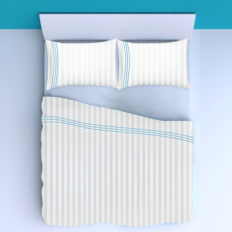 400TC Triple Embroidery Sateen Stripe Cotton 4 Piece Sheet Set Fitted Sheet Fits Upto 16" Deep Pocket, Light Blue Border