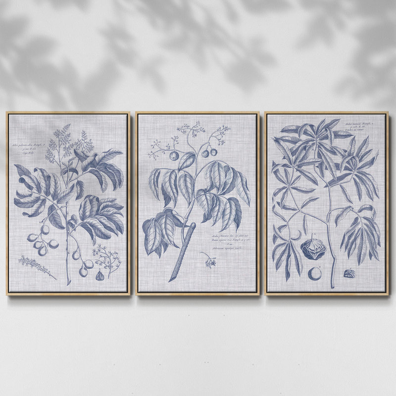 Ensemble de 3 pièces encadrées sur toile, marine et lin, Bois naturel, H 27 po x l 54 po