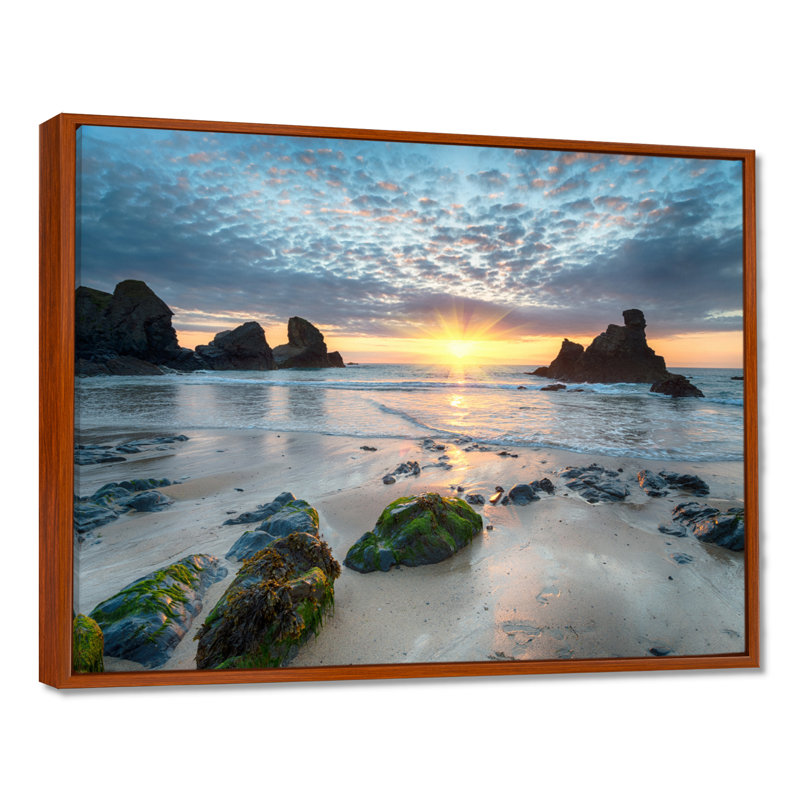 Magnifique baie de Porthcothan - imprimé bord de mer, H 16 po x l 32 po, Reproduction avec cadre flottant, Brun
