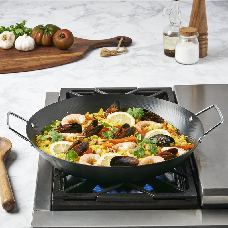 Infuse 15" Black Carbon Steel Paella Pan with Riveted Handles